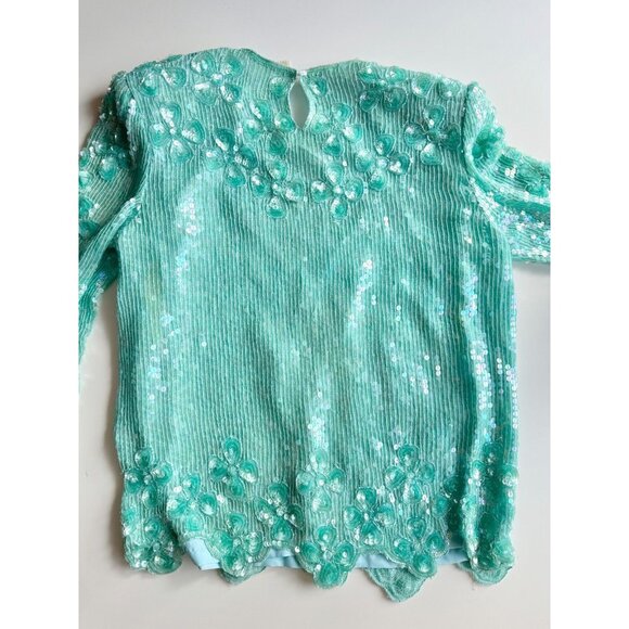 Vintage 90's SAKS FIFTH AVENUE Turquoise Beaded Sequin Blouse Skirt Set, Size M - Picture 8 of 16